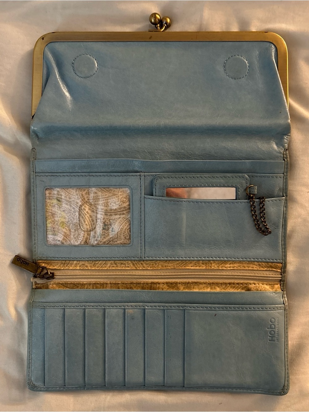 HOBO Rachel Continental Wallet Trifold Light Blue Leather w/ Mirror